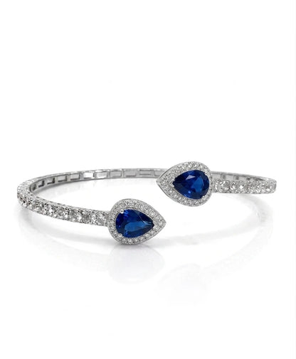 925 sterling silver sapphire teardrop open bangle bracelet with blue cubic zirconia stones and halo setting for women