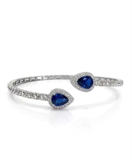 925 sterling silver sapphire teardrop open bangle bracelet with blue cubic zirconia stones and halo setting for women