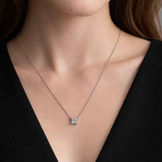 925 Sterling Silver Princess Cut Pendant Necklace