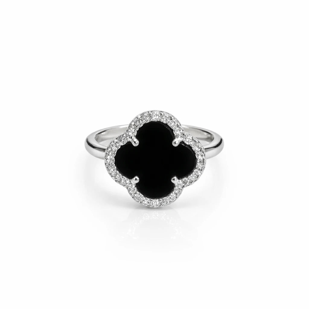925 Sterling Silver Black Onyx Clover Halo Ring