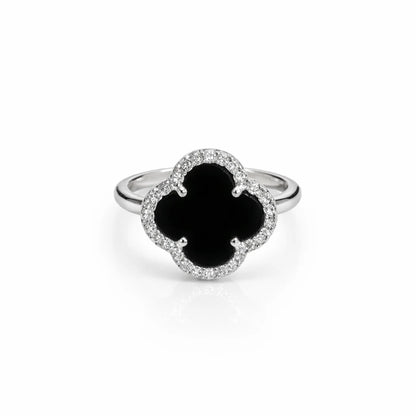 925 Sterling Silver Black Onyx Clover Halo Ring