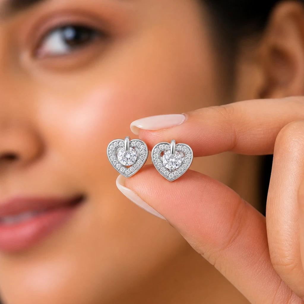 925 Sterling Silver Crystal Heart Glow Stud Earrings