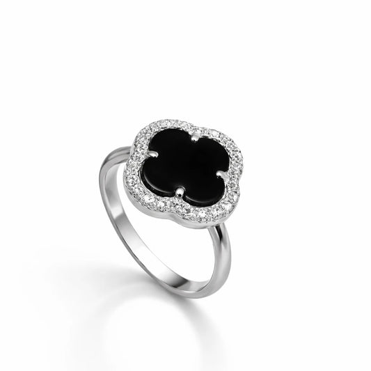 Black onyx clover halo ring for women crafted in 925 sterling silver, statement minimal jewellery for everyday wear.