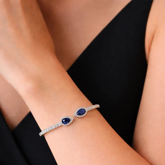 925 Sterling Silver Sapphire Teardrop Open Bangle Bracelet