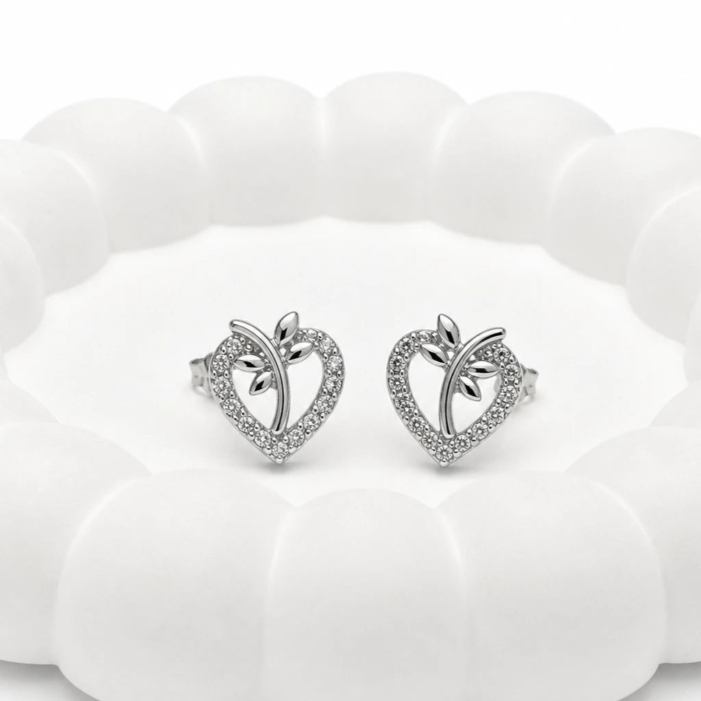 925 sterling silver Bloom Heart CZ stud earrings with sparkling heart and leaf design for women