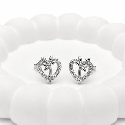 925 sterling silver Bloom Heart CZ stud earrings with sparkling heart and leaf design for women