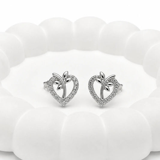 925 sterling silver Bloom Heart CZ stud earrings with sparkling heart and leaf design for women