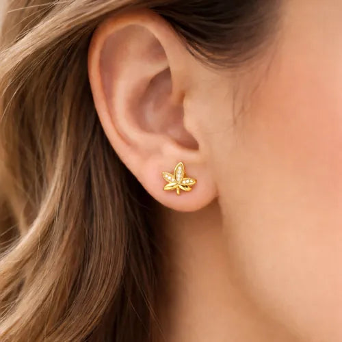 gold flower stud earrings with CZ stones elegant jewellery for women