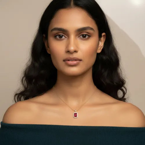 elegant emerald cut red CZ pendant necklace with sparkling halo stones