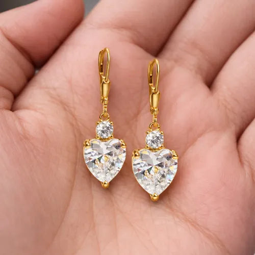 gold heart drop earrings with sparkling cubic zirconia stones elegant jewellery for women