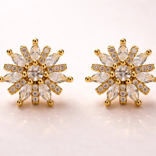 925 silver gold vermeil sunflower floral CZ stud earrings with cubic zirconia stones for women