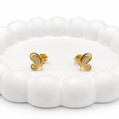 925 Sterling Silver Golden Butterfly Swirl CZ Stud Earrings