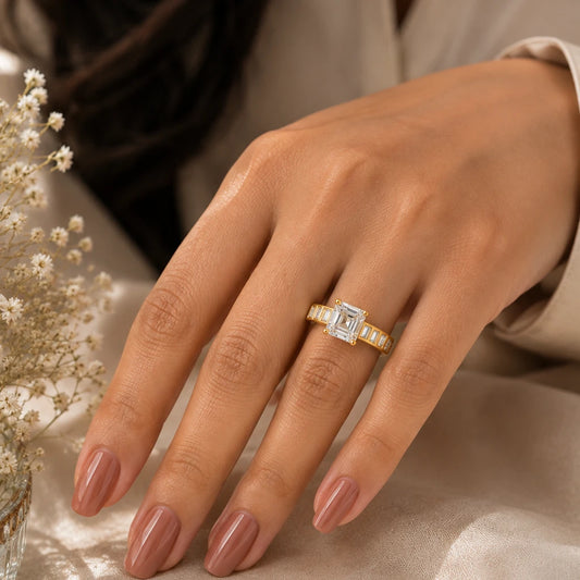 925 Sterling Silver Gold Plated Emerald Cut CZ Solitaire Ring
