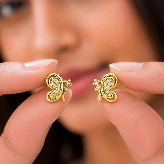 925 Sterling Silver Golden Butterfly Swirl CZ Stud Earrings