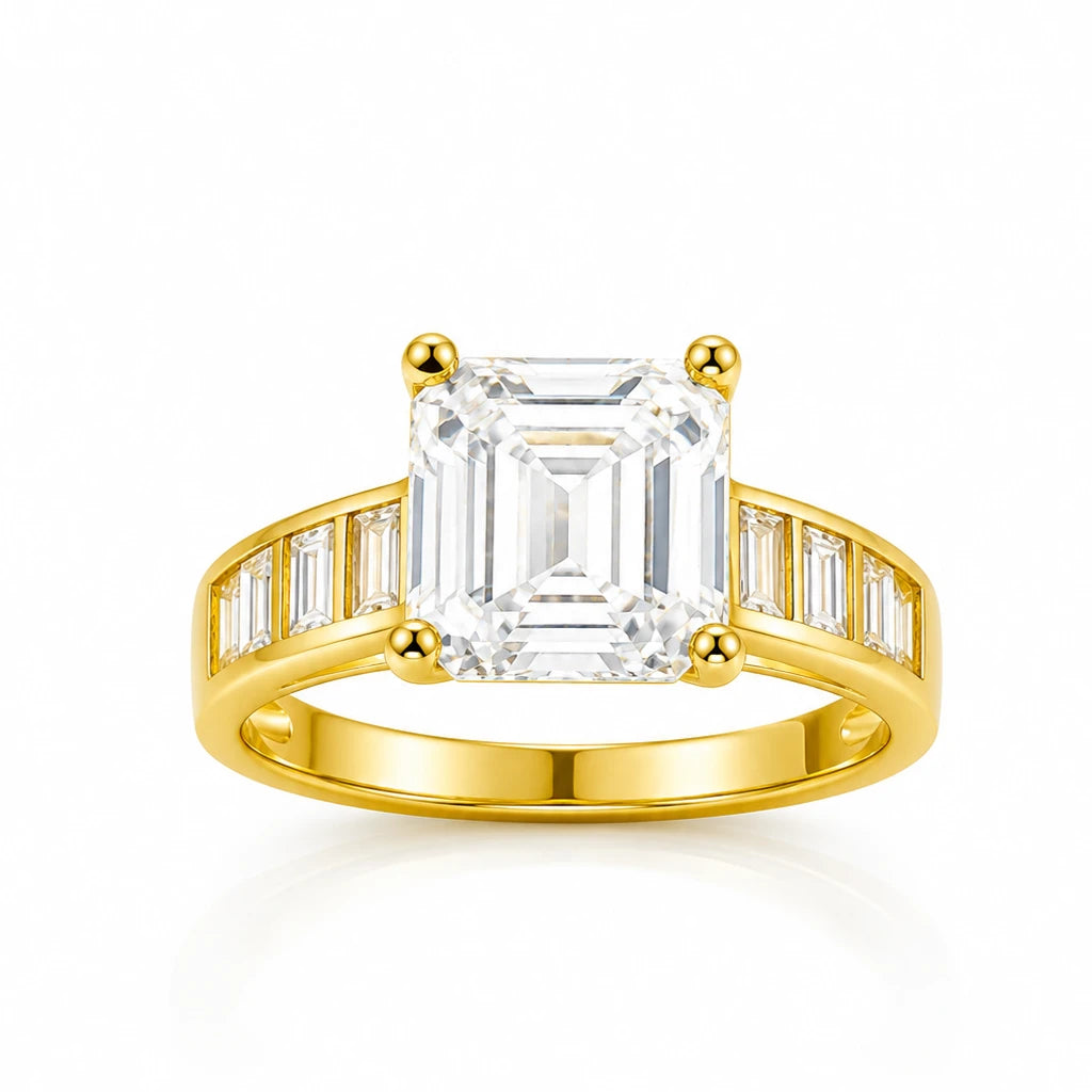 925 Sterling Silver Gold Plated Emerald Cut CZ Solitaire Ring