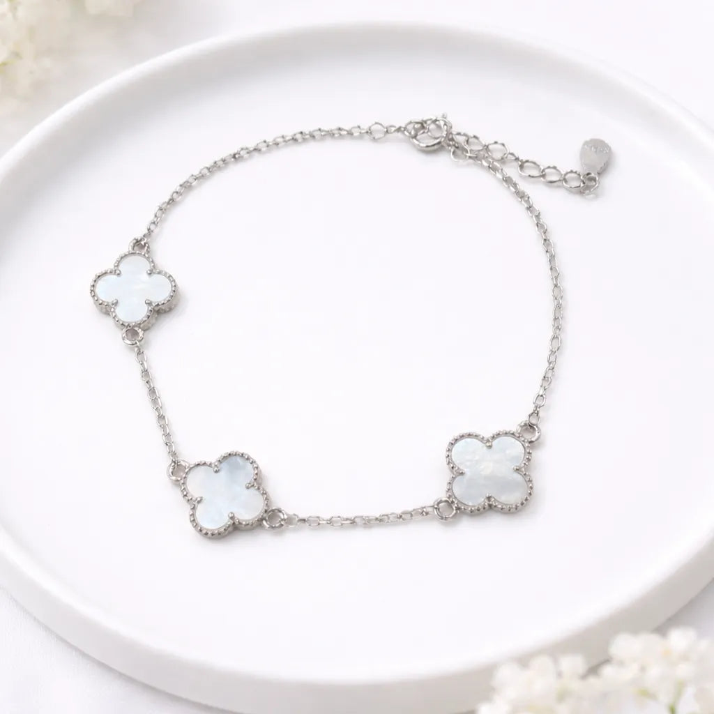 925 Sterling Silver Mother of Pearl Clover Bracelet