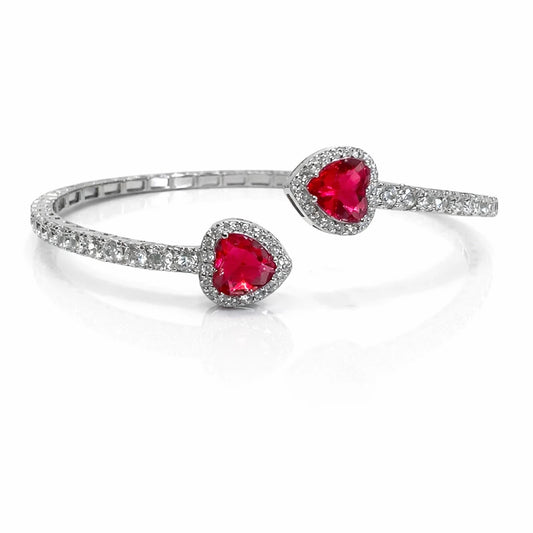 925 sterling silver ruby heart open bangle bracelet with red cubic zirconia stones and halo setting for women