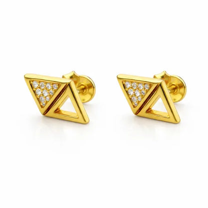 gold triangle stud earrings with cubic zirconia stones modern geometric jewellery