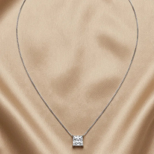 925 Sterling Silver Princess Cut Pendant Necklace