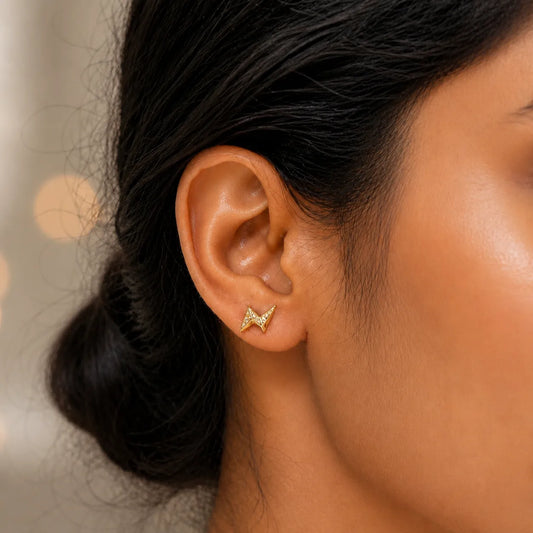 925 sterling silver Golden Lightning CZ stud earrings with geometric lightning design and sparkling CZ stones for women