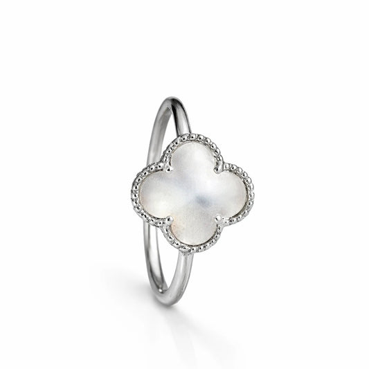 Mother of pearl clover halo ring in 925 sterling silver with sparkling stone border, elegant minimal jewellery for women.