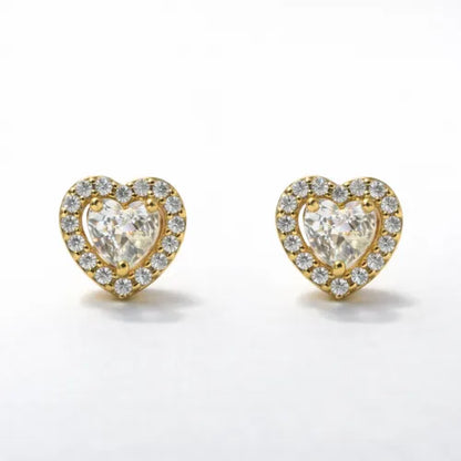 925 silver gold vermeil heart shaped CZ stud earrings with cubic zirconia stones for women