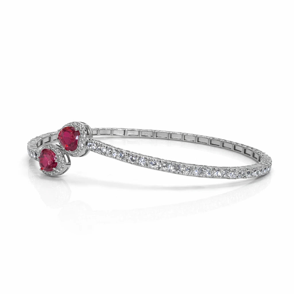 925 Sterling Silver Ruby Heart Open Bangle Bracelet