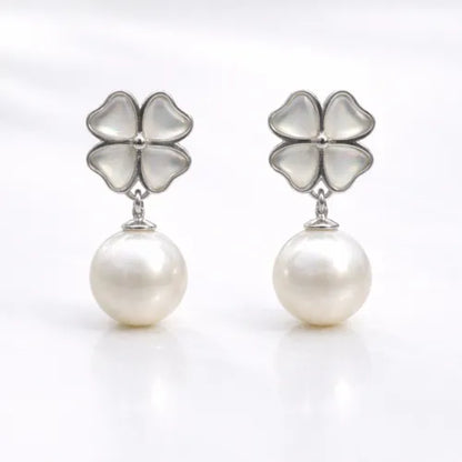 925 sterling silver clover pearl drop earrings with floral design and white pearl for women