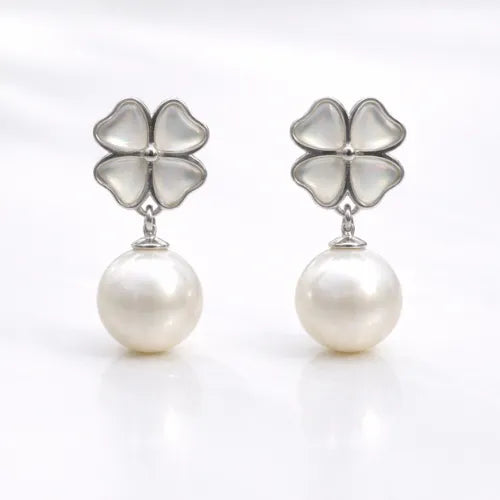 925 sterling silver clover pearl drop earrings with floral design and white pearl for women