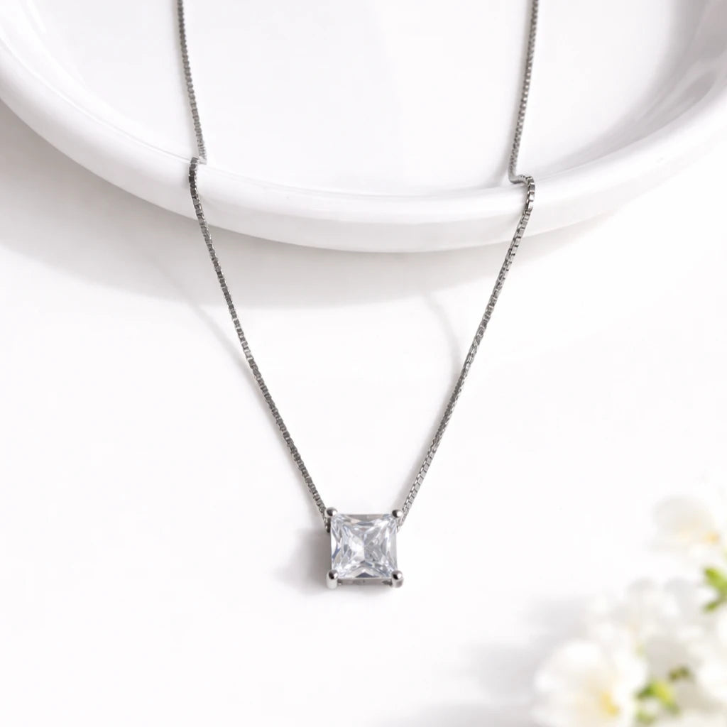 925 Sterling Silver Princess Cut Pendant Necklace