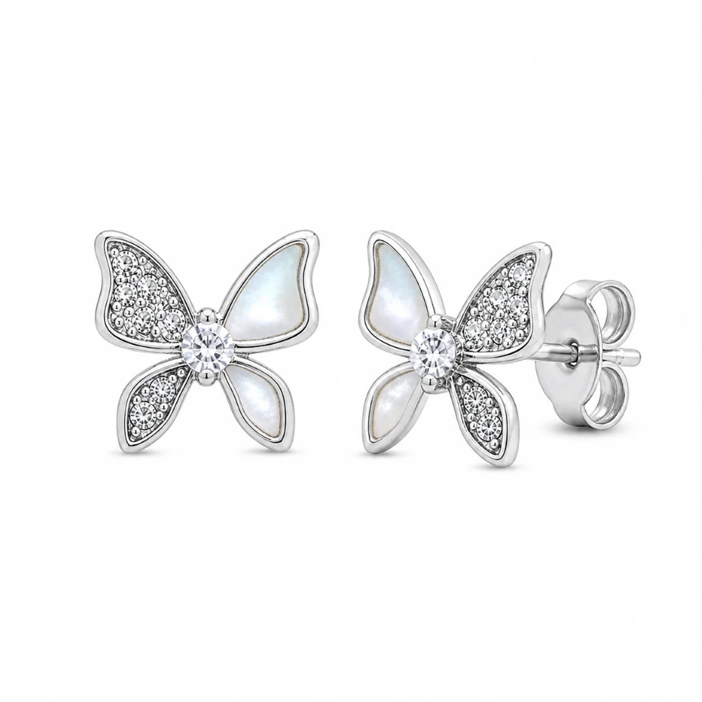 925 silver butterfly earrings for women with mother of pearl wings and sparkling stone detailing