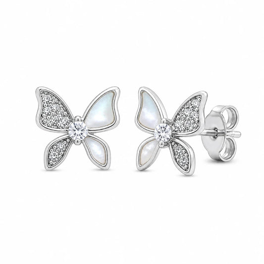 925 silver butterfly earrings for women with mother of pearl wings and sparkling stone detailing