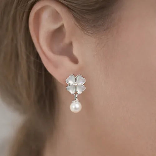 floral clover stud earrings with pearl dangle 925 silver design