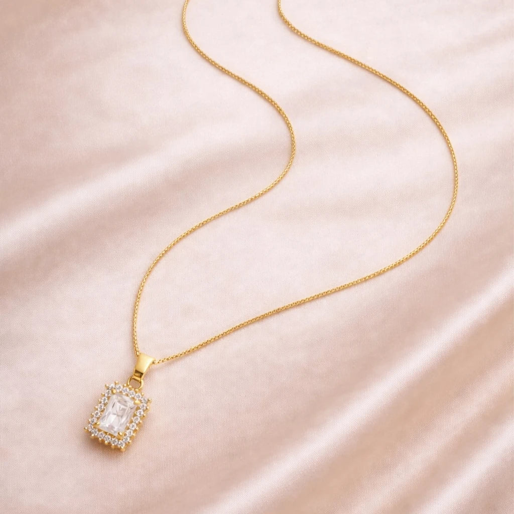 minimal gold square CZ pendant necklace with sparkling halo stones