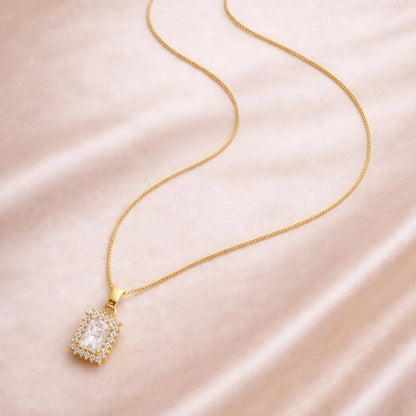 minimal gold square CZ pendant necklace with sparkling halo stones